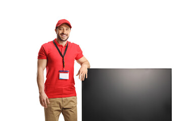 Sticker - Salesman pointing up and leaning on a flat lcd tv screen