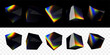Set of 3D shiny transparent glass crystal cubes, prism refraction effect, light spectrum dispersion, rainbow holographic gradient. Vector elements collection