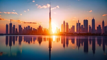 Poster - This stunning photo captures the beauty of a city at sunset, with its reflection shimmering in the water, City skyline being kissed by the first rays of sunrise