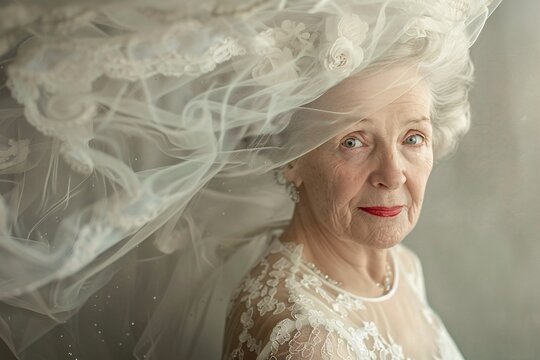 Vintage-style wedding portrait of an elderly bride, her eyes sparkling with the joy and anticipation of a new chapter 03