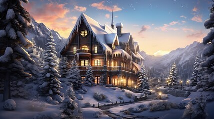 Wall Mural - Immerse yourself in the enchantment of winter with this breathtaking 3D illustration featuring an exquisite winter chalet nestled in a snow - kissed paradise