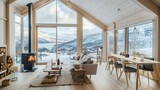 Fototapeta Londyn - A charming Scandinavian house with large windows overlooking the mountains  AI generated illustration
