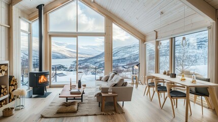 Wall Mural - A charming Scandinavian house with large windows overlooking the mountains  AI generated illustration