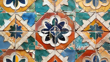 Wall Mural - A close-up of colorful tile mosaic on a Mediterranean villa  AI generated illustration