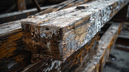 Wall Mural - A close-up of distressed wooden beams in an abandoned factory  AI generated illustration