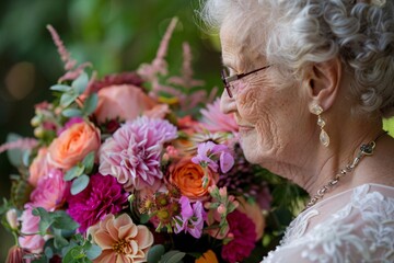 Wall Mural - Intimate view of an older bride's bouquet, filled with vibrant blooms, symbolizing the enduring beauty of love and marriage 03