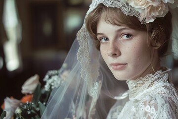 Wall Mural - Intimate view of a young bride in an old-fashioned wedding portrait from the 1970s, capturing the essence of retro romance 02