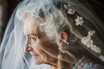 Wall Mural - Intimate glimpse of an elderly bride's veil in a vintage wedding portrait, a symbol of purity and hope for a bright future 03