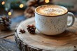 The image shows a warm cup of cappuccino with a cinnamon sprinkled foam on a rustic wooden slab with pine cones and holiday lights in the backdrop