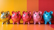 Array of piggy banks in saturated colours on high colour contrast background. Illustration of the concept of bank savings, financial investment and multiple sources of income
