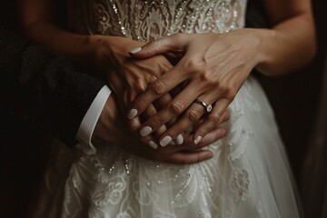 Wall Mural - Close-up shot of the bride's hands as she delicately holds her groom's, symbolizing their union in marriage 01