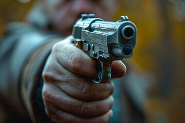 The photo features a close-up of a handgun targeted directly at the viewer, emphasizing danger
