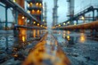 Blurry view of industrial pipelines reflecting on wet ground on a rainy day, illustrating the theme of industrial growth