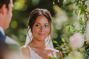 Wall Mural - Close-up shot capturing the bride's blissful expression as she exchanges vows with her beloved 02