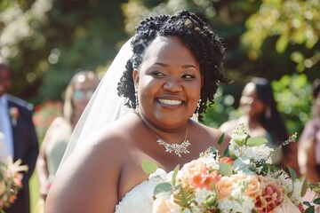 Wall Mural - Close-up of the radiant face of the curvy bride, beaming with happiness and excitement as she walks down the aisle 01