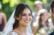 Close-up of a young brunette bride's radiant smile as she walks down the aisle, her eyes shimmering with excitement and love 04