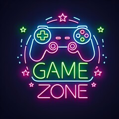 Poster - A Neon sign style game zone illustration on a dark blue background with game controllers in neon lights, detailed with buttons and little stars scattered around, Generative Ai.