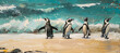 African penguins emerging from the ocean onto a sandy beach
