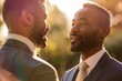 Intimate view of a groom, exchanging vows with his partner, their faces illuminated by sunlight, capturing the solemnity and love of the wedding moment.
