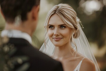 Wall Mural - Intimate shot of a blonde bride's tender gaze as she exchanges vows with her groom, her blue eyes reflecting the depth of her love and commitment, amidst a dreamy wedding setting 03