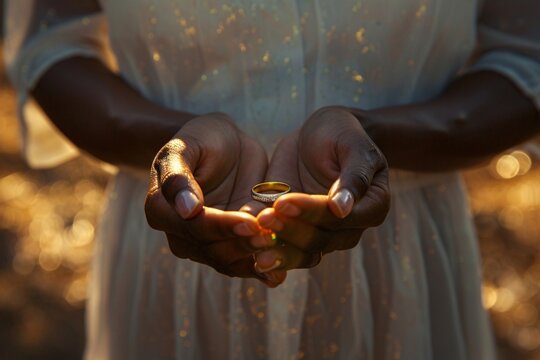 Extreme close-up of a woman's hands, symbolizing different ethnicities, holding a wedding ring, illuminated by sunlight, signifying the end of a marriage and the beginning of a new chapter 01