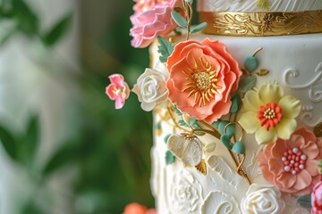 Wall Mural - Detailed shot of a single-tier wedding cake featuring vibrant sugar flowers, gold leaf accents, and intricate piping work, set against a backdrop of lush greenery and natural light 01