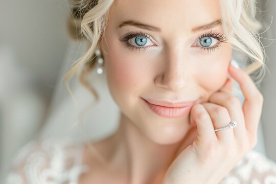 Detailed shot of a blonde bride's blue eyes shimmering with happiness as she slips on her wedding ring, the delicate band symbolizing the eternal love she shares with her partner 02