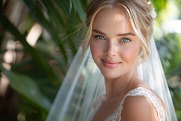 Wall Mural - Close-up of a young blonde bride with blue eyes, her face aglow with happiness, wearing a white lace wedding gown and a veil, standing against a backdrop of lush greenery 02
