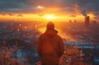 An urban explorer looks out over a snow-laden cityscape during a vibrant sunset from a park view
