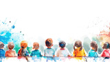 Fototapeta Uliczki - Banner, poster, children's drawing with colored pencils: schoolchildren, students sitting at the table, white background. Learning, children's education concept.