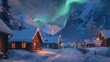 A picturesque Scandinavian village during the winter with cozy cabins covered in snow and the northern lights dancing in the sky above portraying the unique beauty of cold-weather destinations.