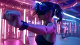 Fototapeta  - Woman Engaged in Virtual Reality Boxing at Neon-Lit Arena
