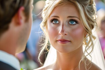 Wall Mural - Close-up of a blonde bride's blue eyes filled with love and admiration as she gazes at her soon-to-be spouse during the wedding ceremony, their bond evident in every glance and touch 04