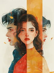 Wall Mural - A woman in a love triangle, on her face there is a mixture of longing and tenderness. The main character is in the center, divided between a man and a woman. Cover of a book about love, romance novel.