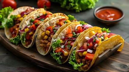 Wall Mural - Colorful Vegan Tacos Feast on Wooden Platter. Concept Food Photography, Vegan Cuisine, Wooden Platter, Colorful Fiesta, Tacos Presentation