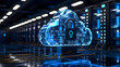 Cloud computing security technology concept transfer database to cloud. There is a large cloud icon with a lock that stands out with a dark blue background.