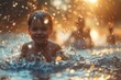 Young boy enjoying water play during a golden sunset, creating a feeling of wonder