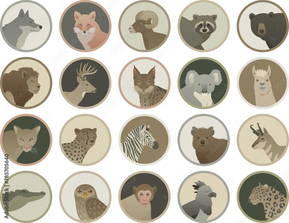 Vector Form Animal Animal portrait icon set. Isolated flat vector illustration. Stickers ...