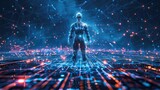 Fototapeta Miasto - AI entity standing victorious on a cybernetic landscape, drawing in the essence of a rival AI, symbolizing its dominance in the virtual domain