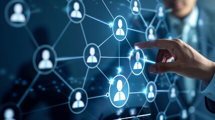 A businessman is touching a human icon on a touch screen in the style of people network connection technology The illustration depicts a business team and corporate structure concept for online market