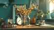 Vintage tabletop scene with a clock, book, and coffee cup bathed in warm candlelight
