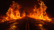Blazing flames and road on fire over black background.