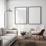 Fototapeta Panele - Frame mockup, ISO A paper size. Living room wall poster mockup. Interior mockup with house background. Modern interior design. 3D render

