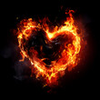 Fire heart isolated on black background. Flame symbol of love. Intense emotions, passionate love. Gift for Valentine's Day