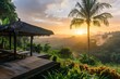 A tropical paradise in Bali, with lush greenery and palm trees, featuring an outdoor wooden gazebo overlooking the valley at sunrise. Ai generated