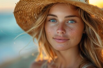 A sun-kissed woman with a straw hat and speckled freckles exudes summer vibes and natural beauty in this radiant portrait