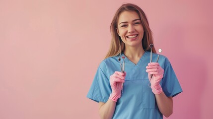 Wall Mural - A woman holding dental instruments and smiling. Concept of professionalism and confidence in her work