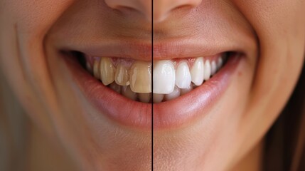 Wall Mural - A woman's teeth with one side being a picture of her teeth before they were cleaned and the other side being a picture of her teeth after they were cleaned. Scene is one of cleanliness