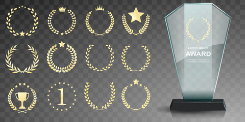 Poster - Glass award trophy set. Transparent prize template. Winner first place concept. Vector illustration. Winner glass trophy. First place award, crystal prize and signed acrylic trophies. Glass awarding t