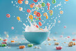 colorful breakfast cereal explosion with milk splash on blue backdrop
